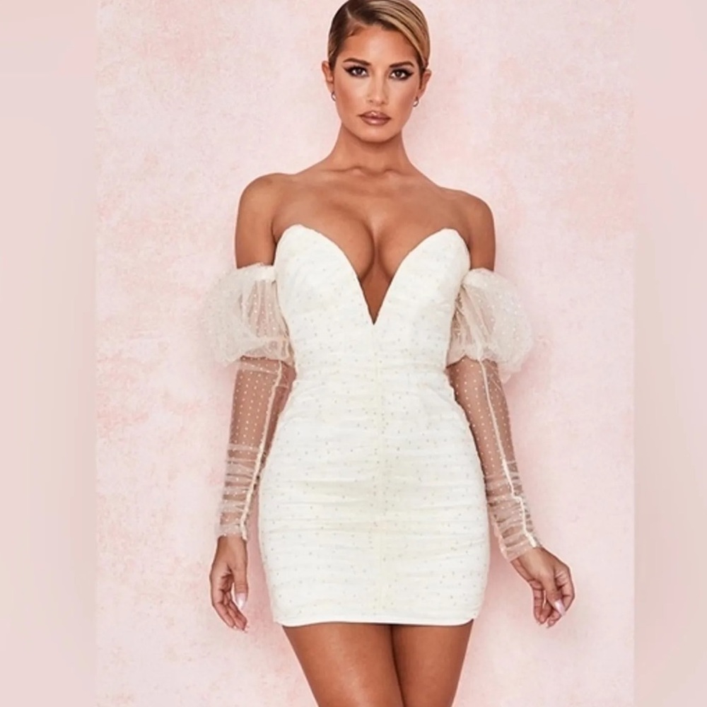 NWT House of CB Milan’s Mini Crystal and Tulle Dress Ivory